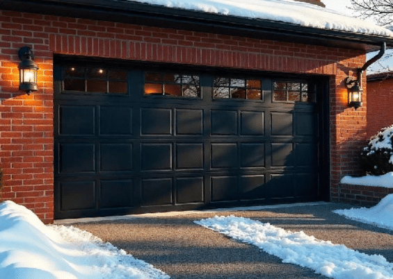 red brick house with black garage door